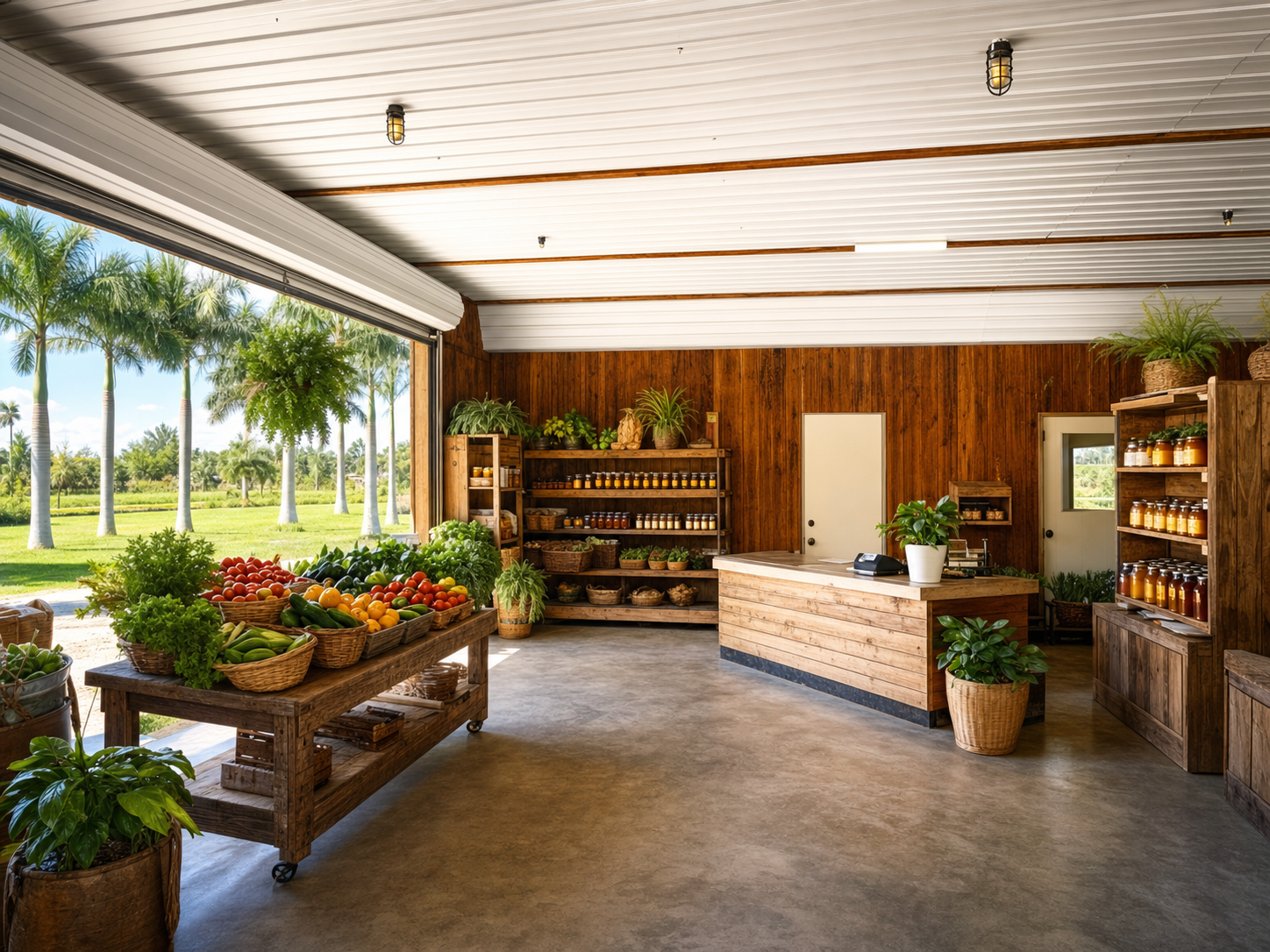 Inside the Williams Produce & More building — warm wood walls, polished concrete floor, produce table, and the garage door open to a sunny Florida yard