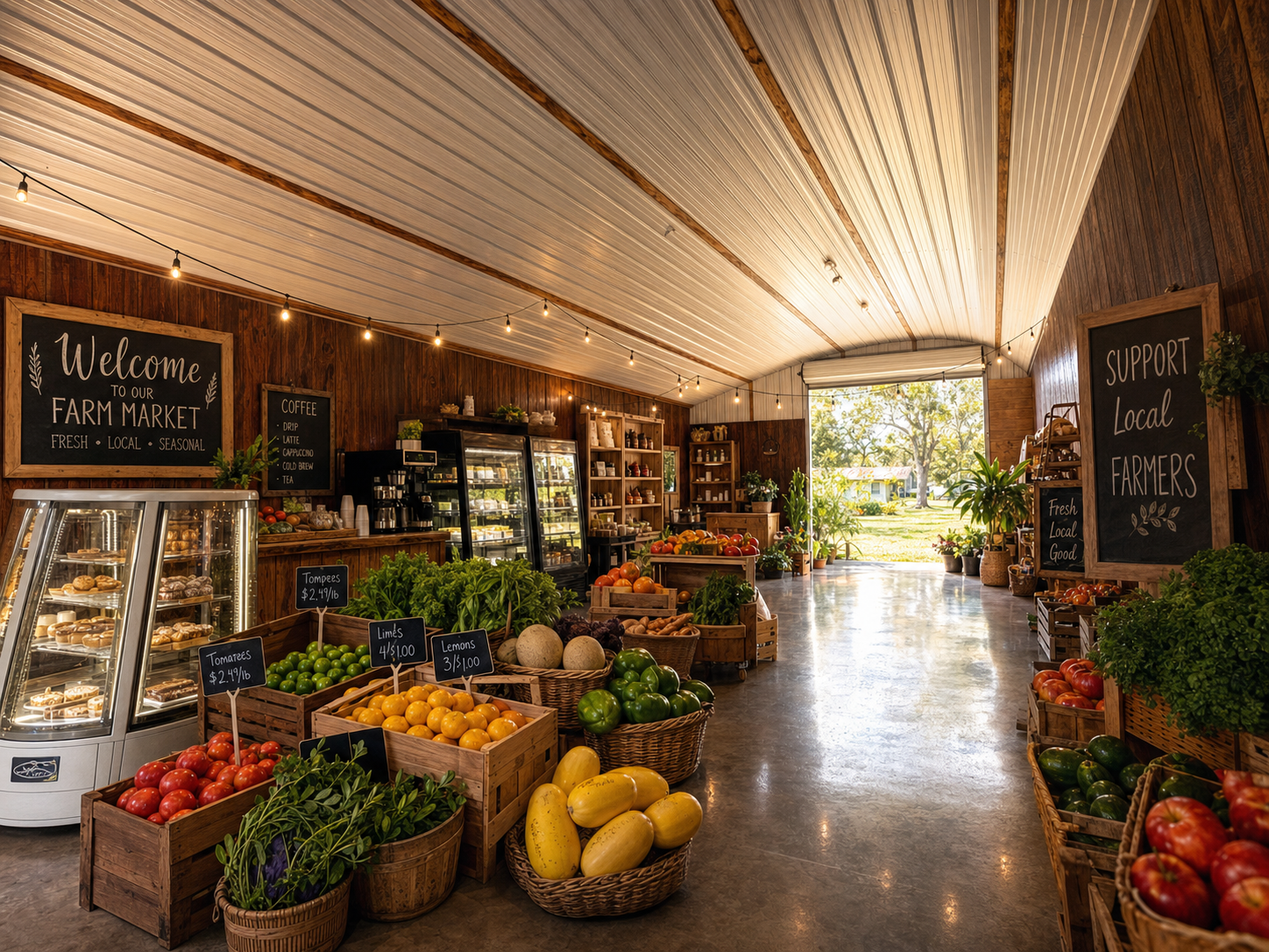 Inside Williams Produce & More — a wood-paneled Florida farm market with crates of fresh produce, a coffee corner, and the roll-up door open to the yard
