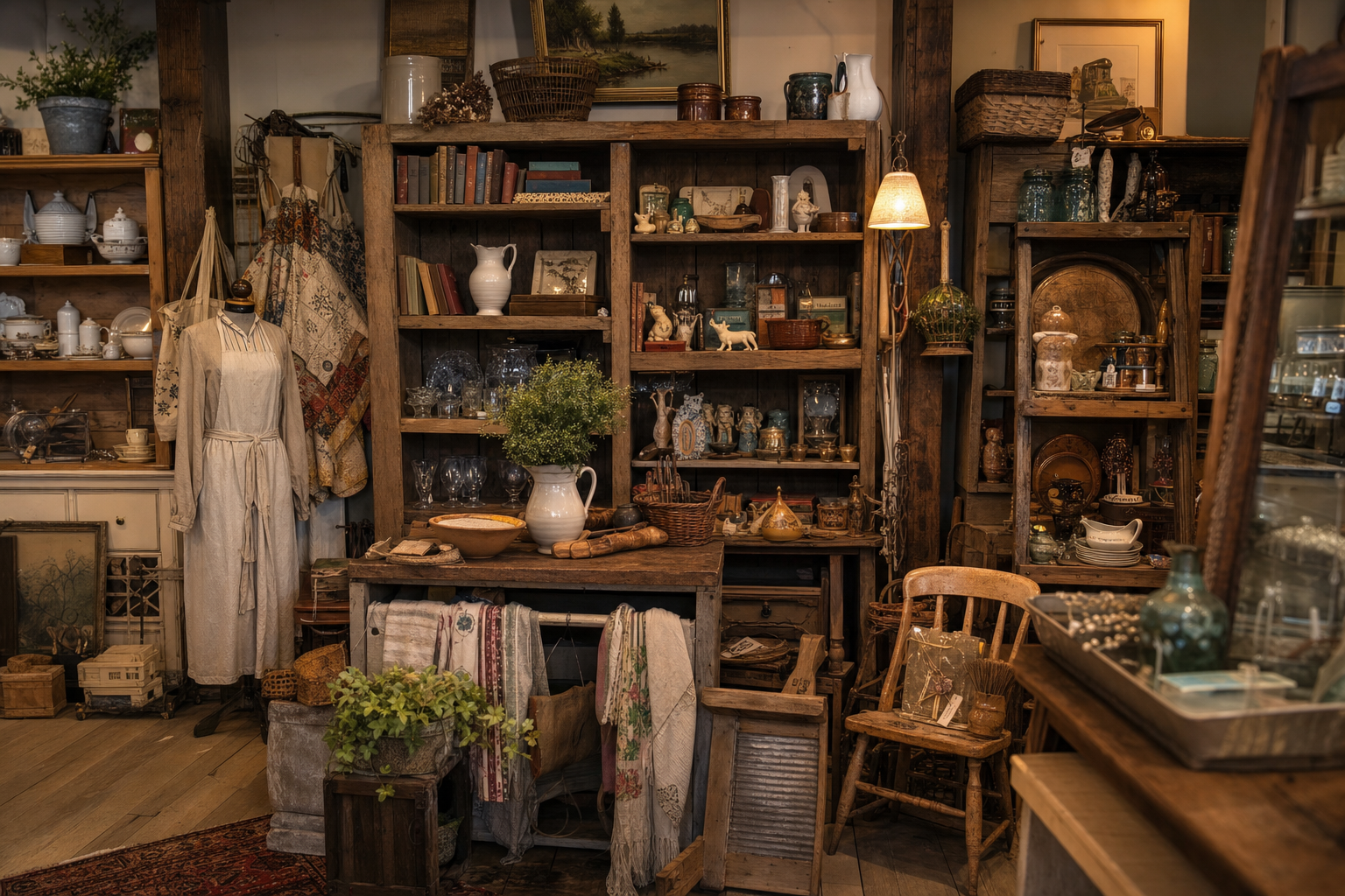 Vintage and secondhand treasures arranged in a country thrift corner